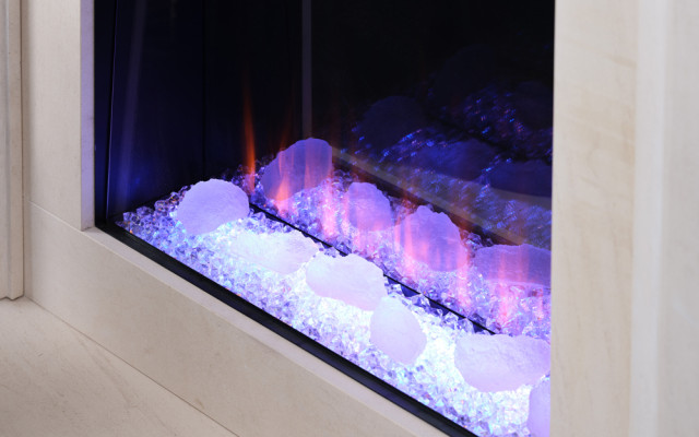 Stunning display of vibrant LED lighting in a modern fireplace setting, showcasing the innovative Purple Diamond Light design.