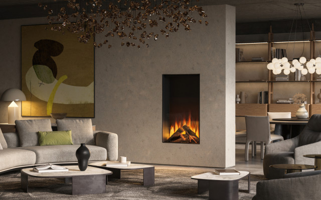 Knightwood AR Roomset 1 Flame-Edit: A contemporary living space featuring a sleek electric fireplace.
